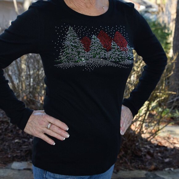 Christmas Winter Scene  RN rhinestone long sleeved shirt XS S M L XL XXL 1X2X… - Picture 8 of 9